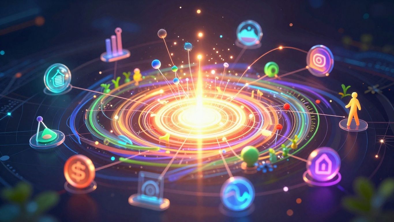 Digital ecosystem with glowing interconnected nodes and radiant core.