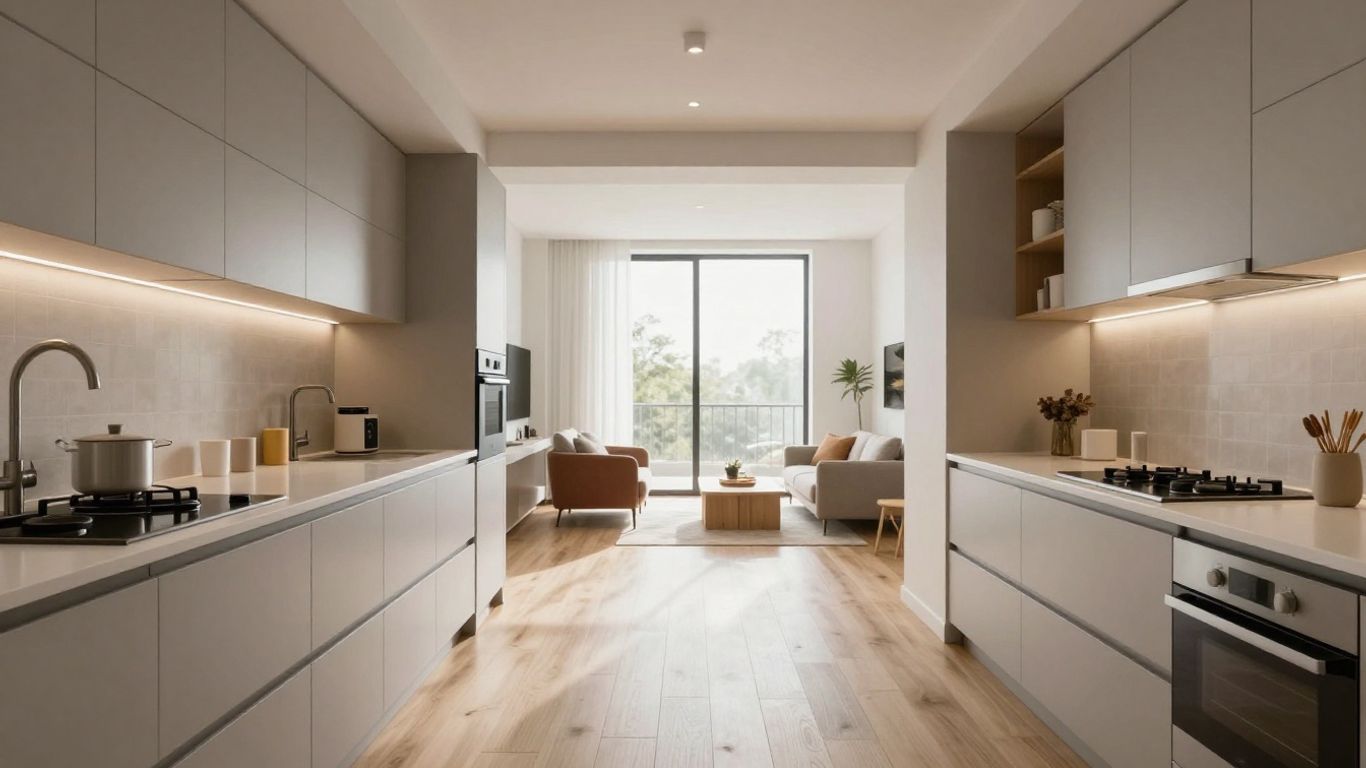 Modern apartment kitchen and living room interior