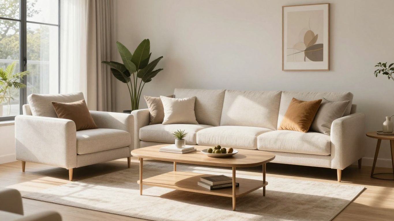 Modern living room with wholesale furniture for Airbnb.