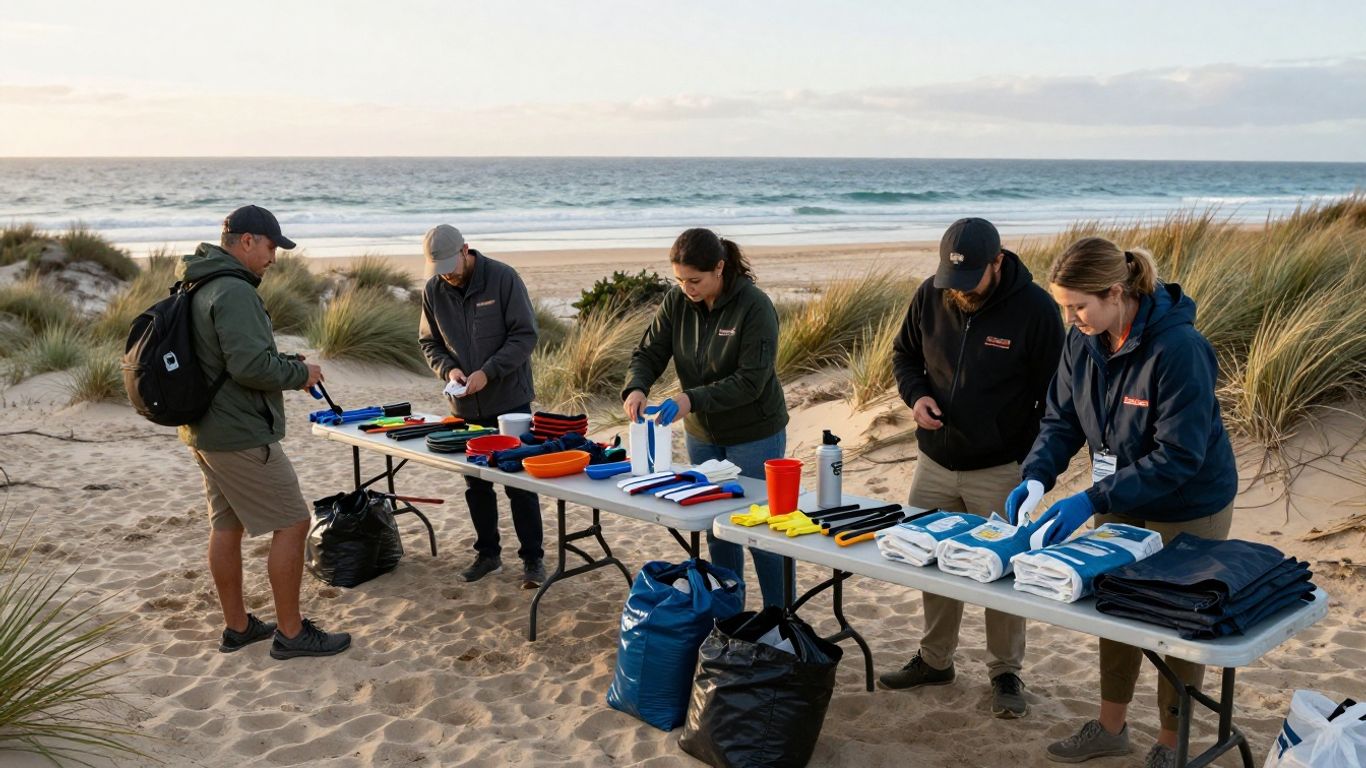 Volunteers checking a coastal cleanup safety plan