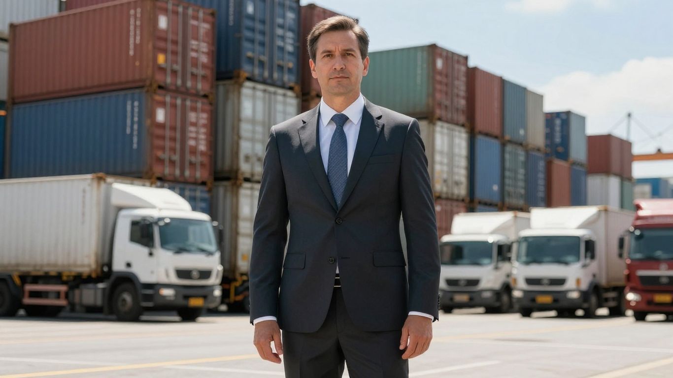 Freight broker in a shipping yard with cargo containers and trucks.