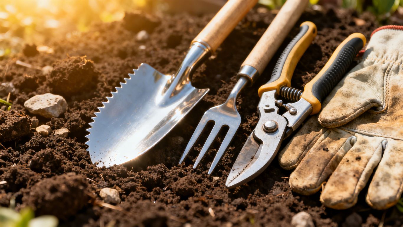 Gardening tools on soil