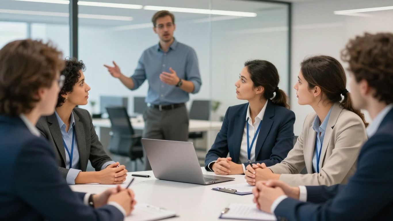 Menschen im Büro besprechen sich, eine Person zeigt nachdenklich.