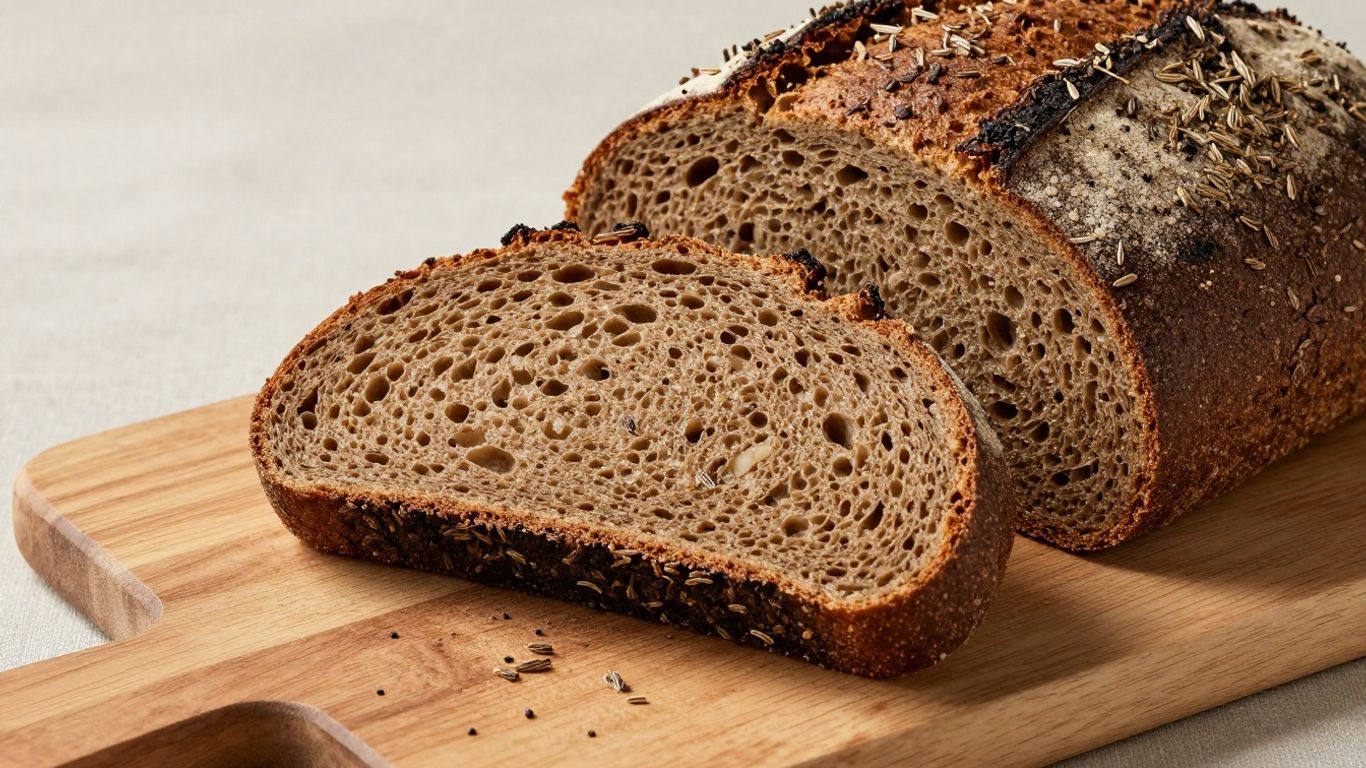 Dark Swedish rye bread loaf with caraway seeds.