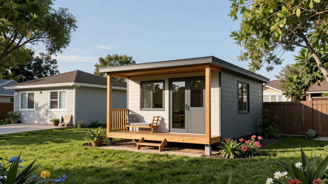 Tiny home beside a house in a green backyard