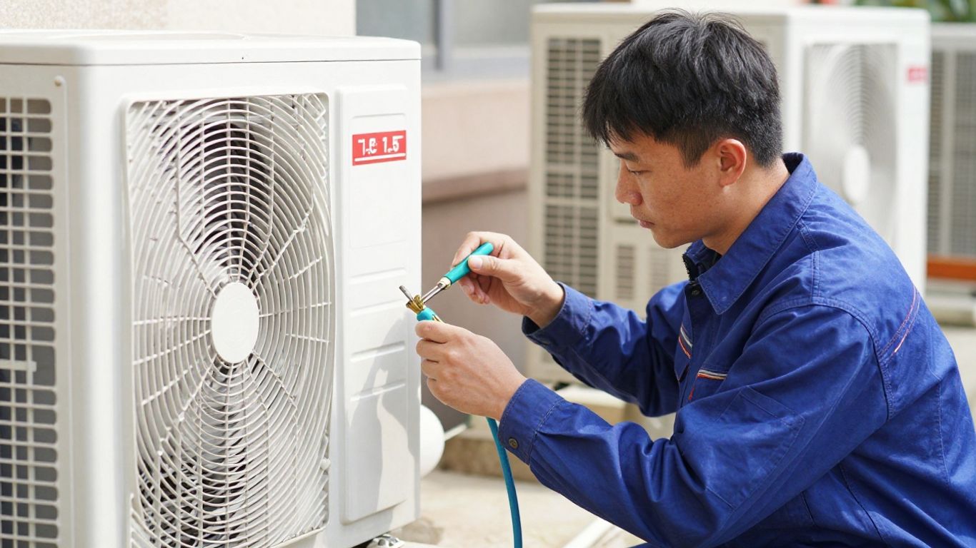 Technician servicing an outdoor AC unit.