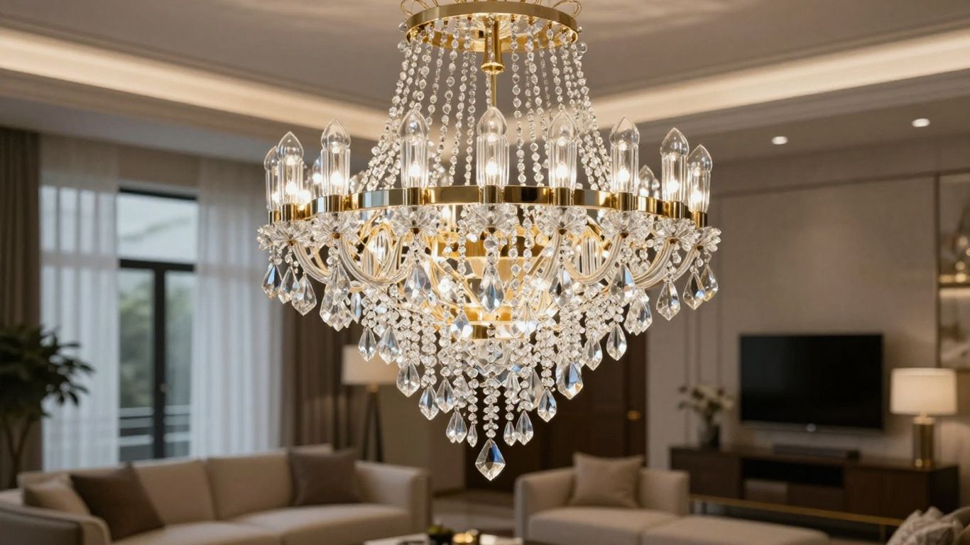 Modern glass chandelier illuminating a stylish living room.