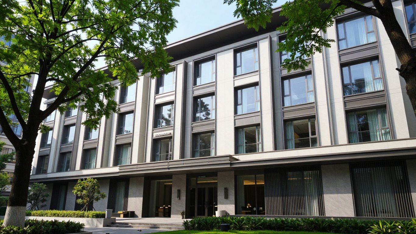 Oaks Embassy Adelaide hotel exterior with trees and sunlight.