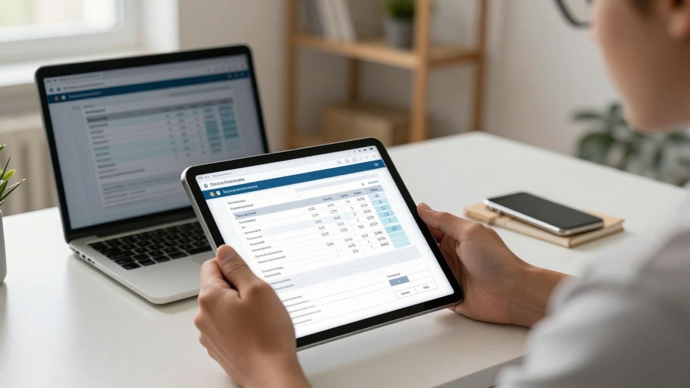 Freelancer using a tablet for paperless contracts and invoices.