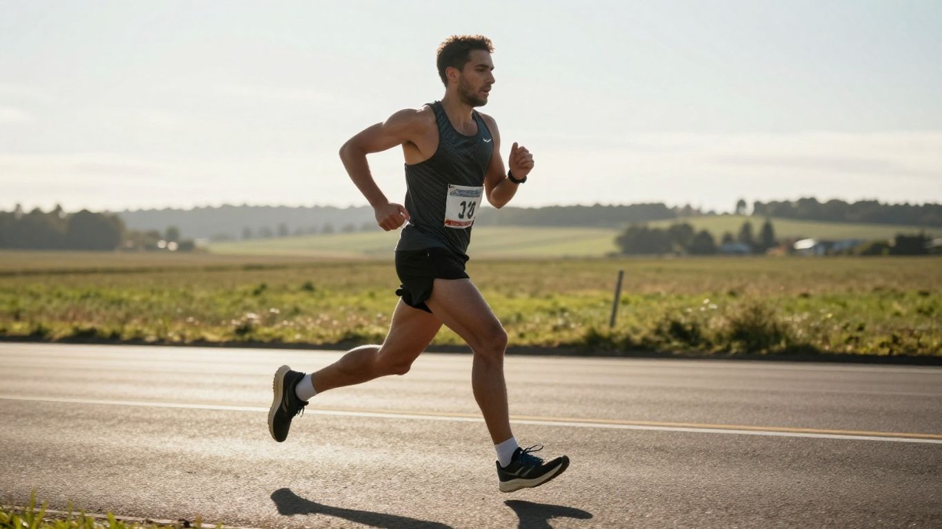 Runner focused on marathon pace, determined expression.