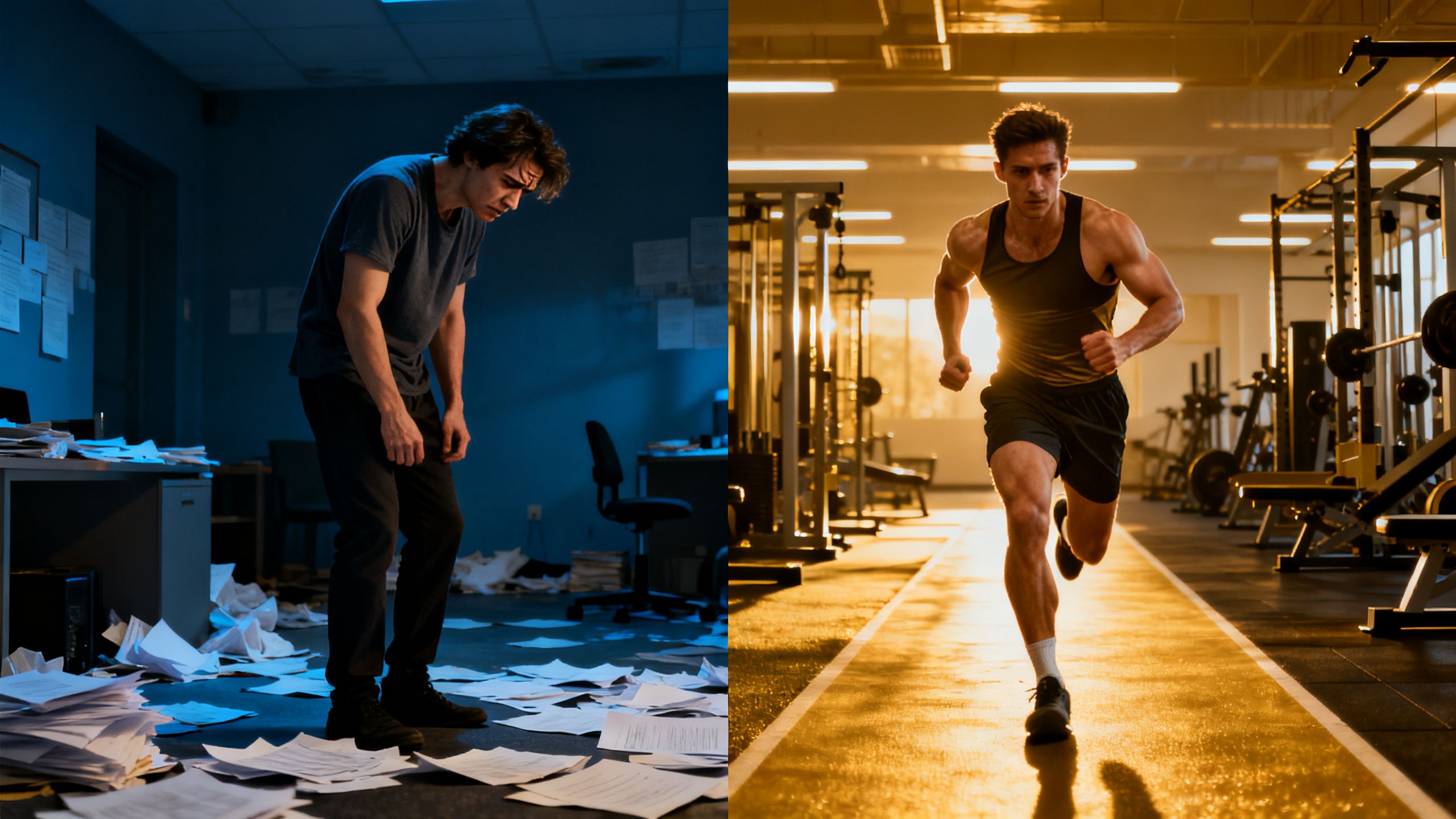 A split image showing a frustrated person on one side and a focused, successful athlete on the other, representing the choice between failure and a guided path.