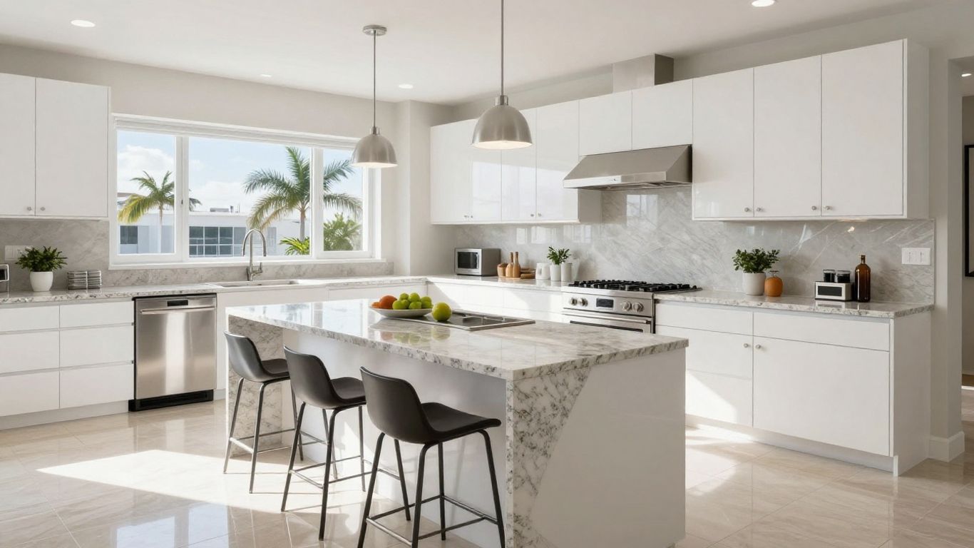 Modern Miami kitchen remodel with island and stainless steel appliances.