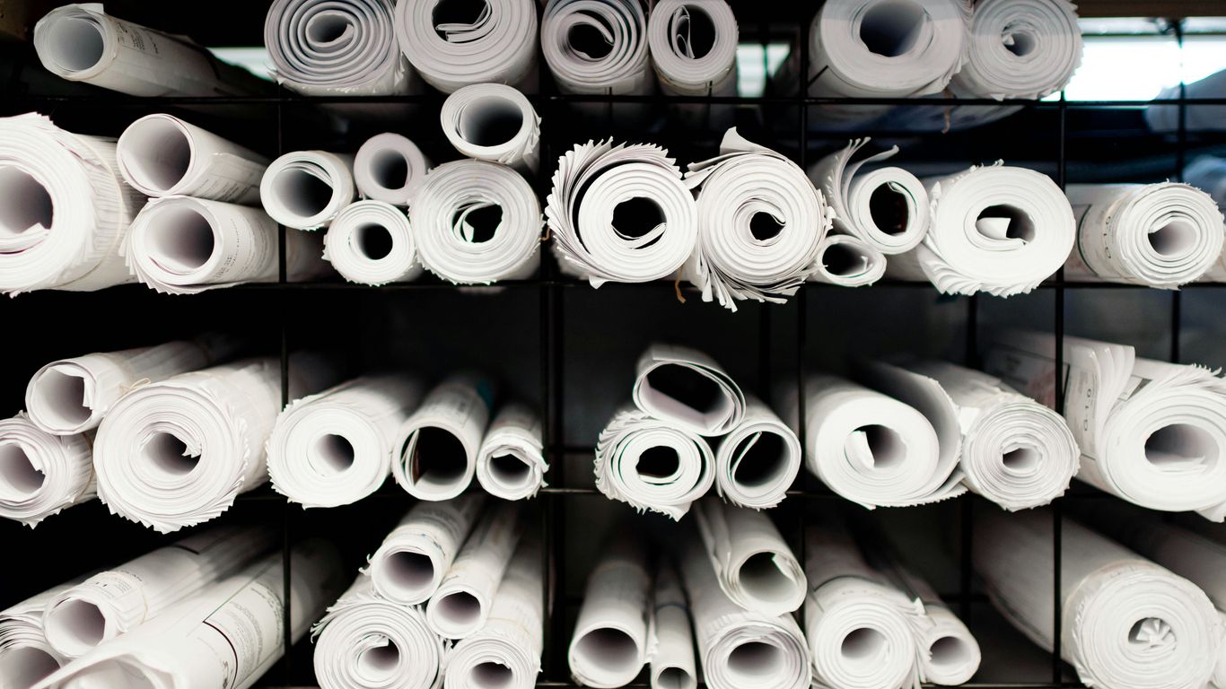 A rack full of rolls of white toilet paper