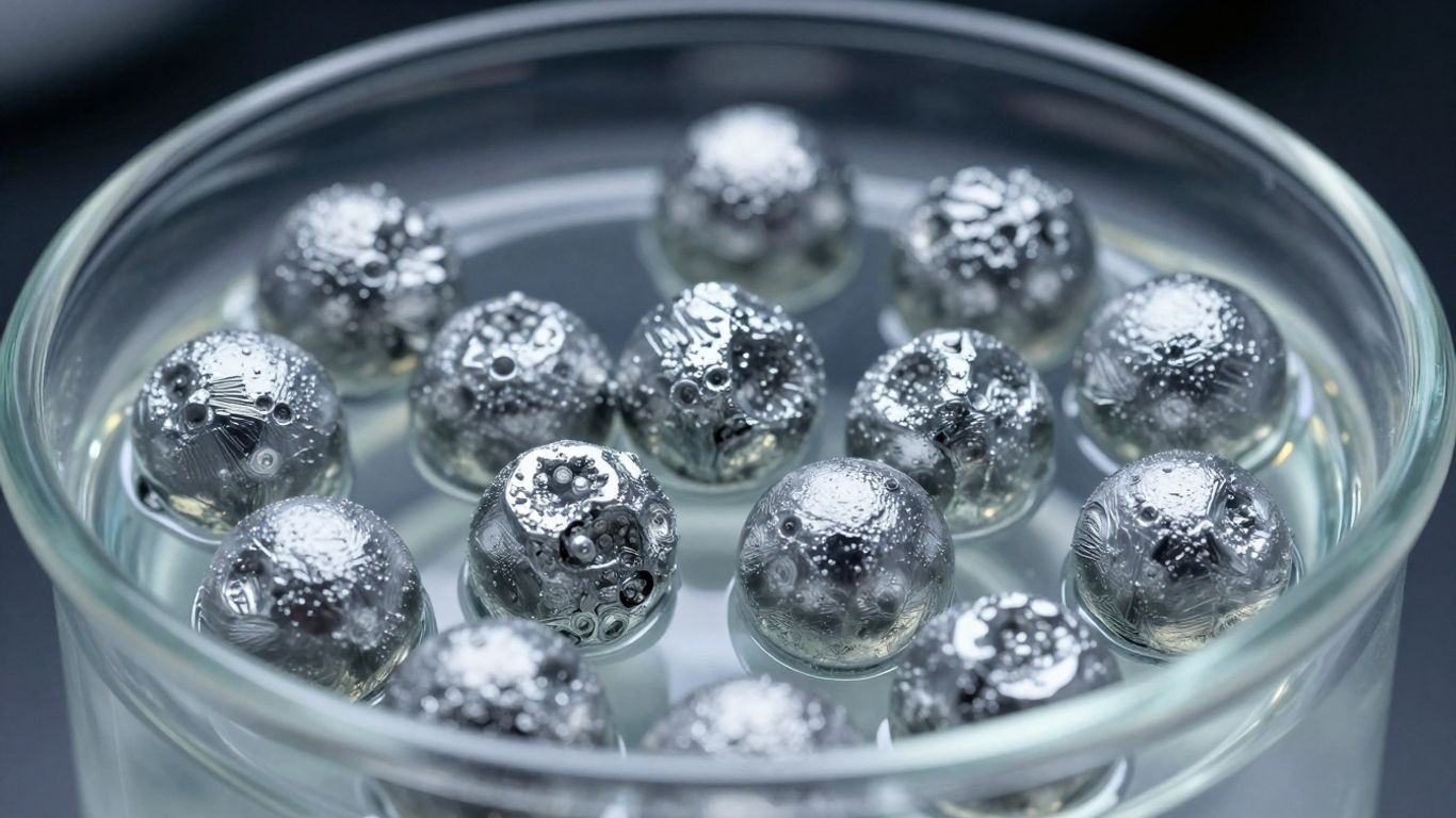 A closeup view of silver particles in a liquid base.