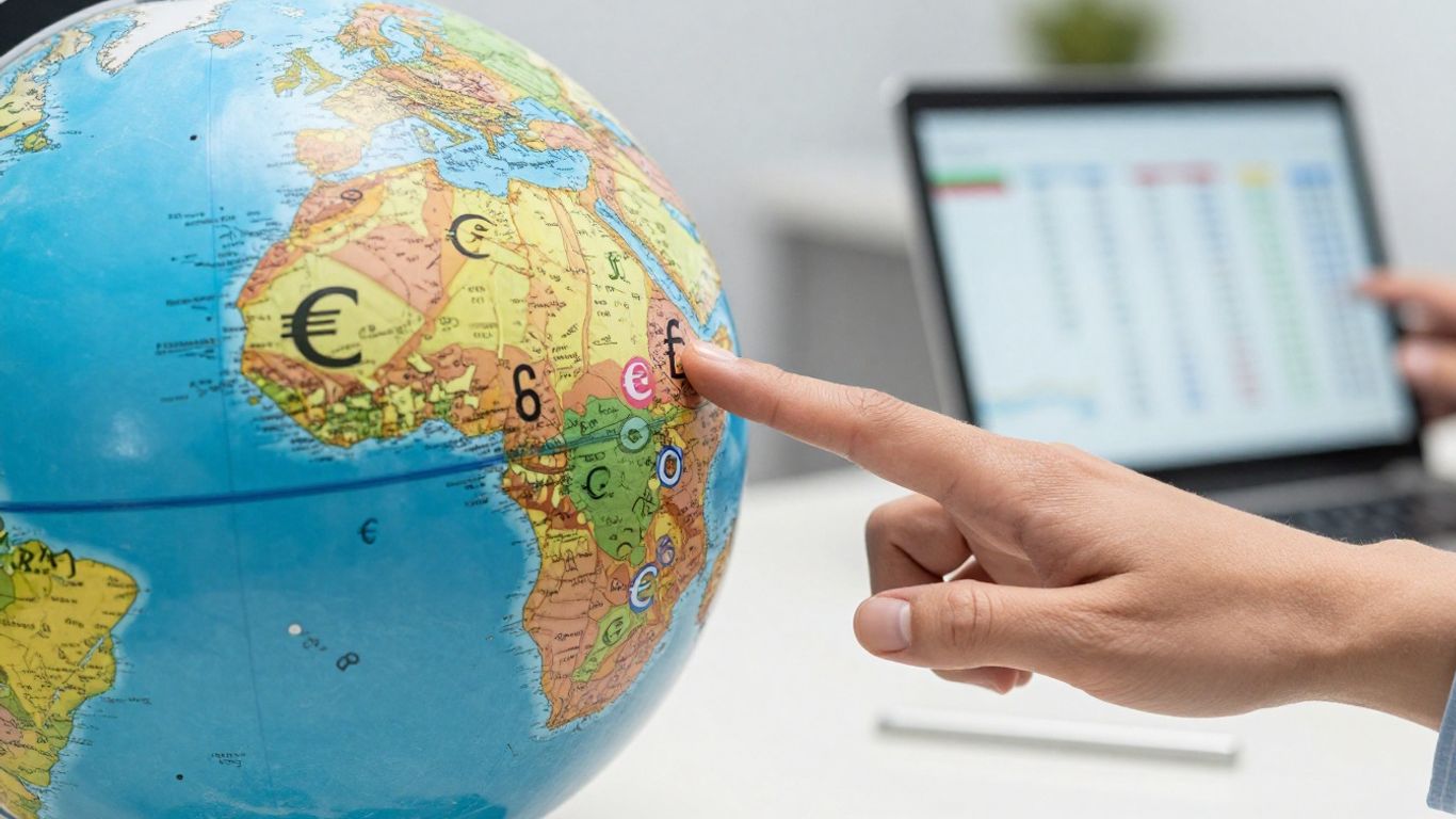 Globe with currency symbols and a hand holding a financial tablet.