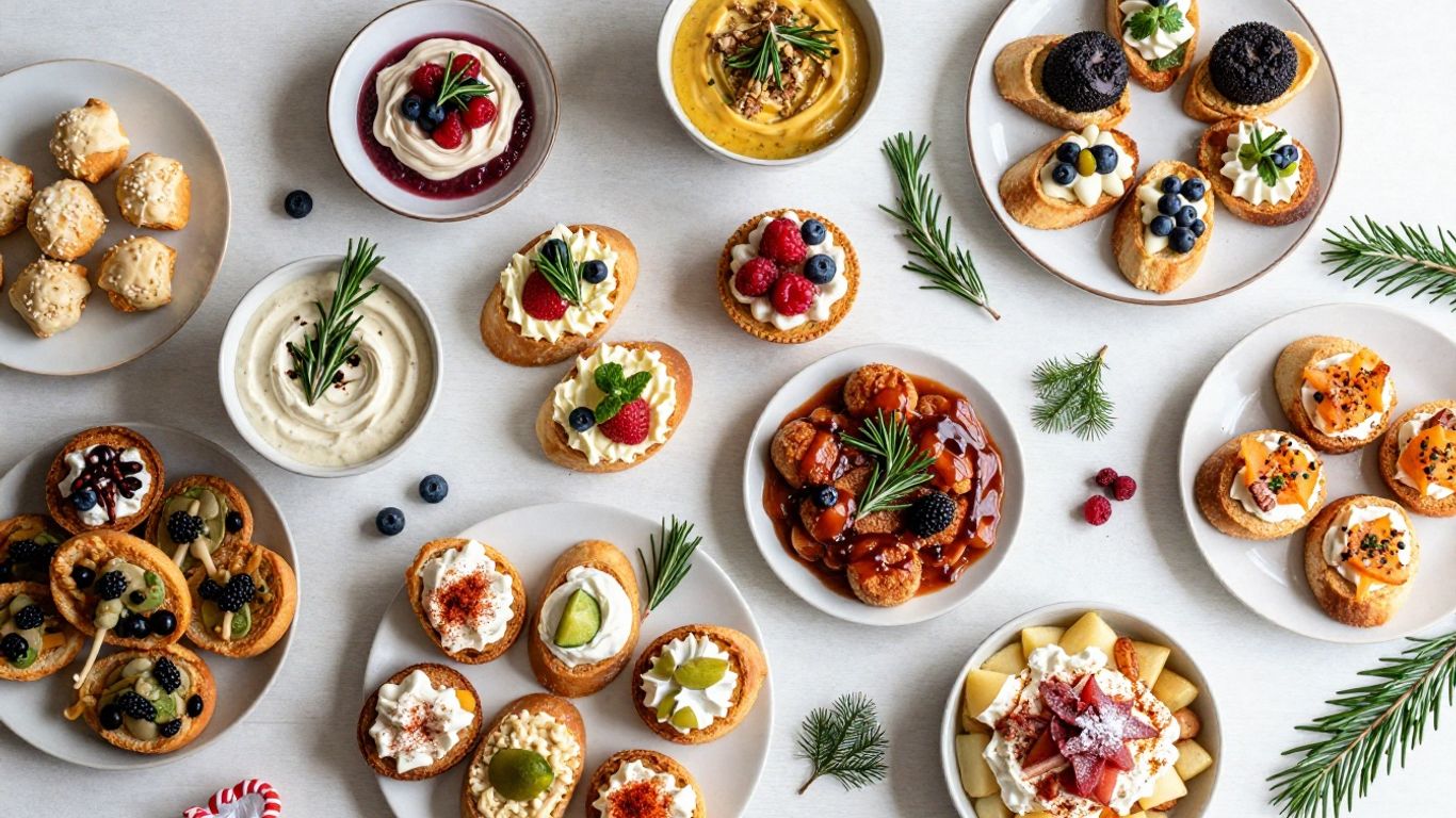 Assortment of festive vegan Christmas appetizers on a holiday table.