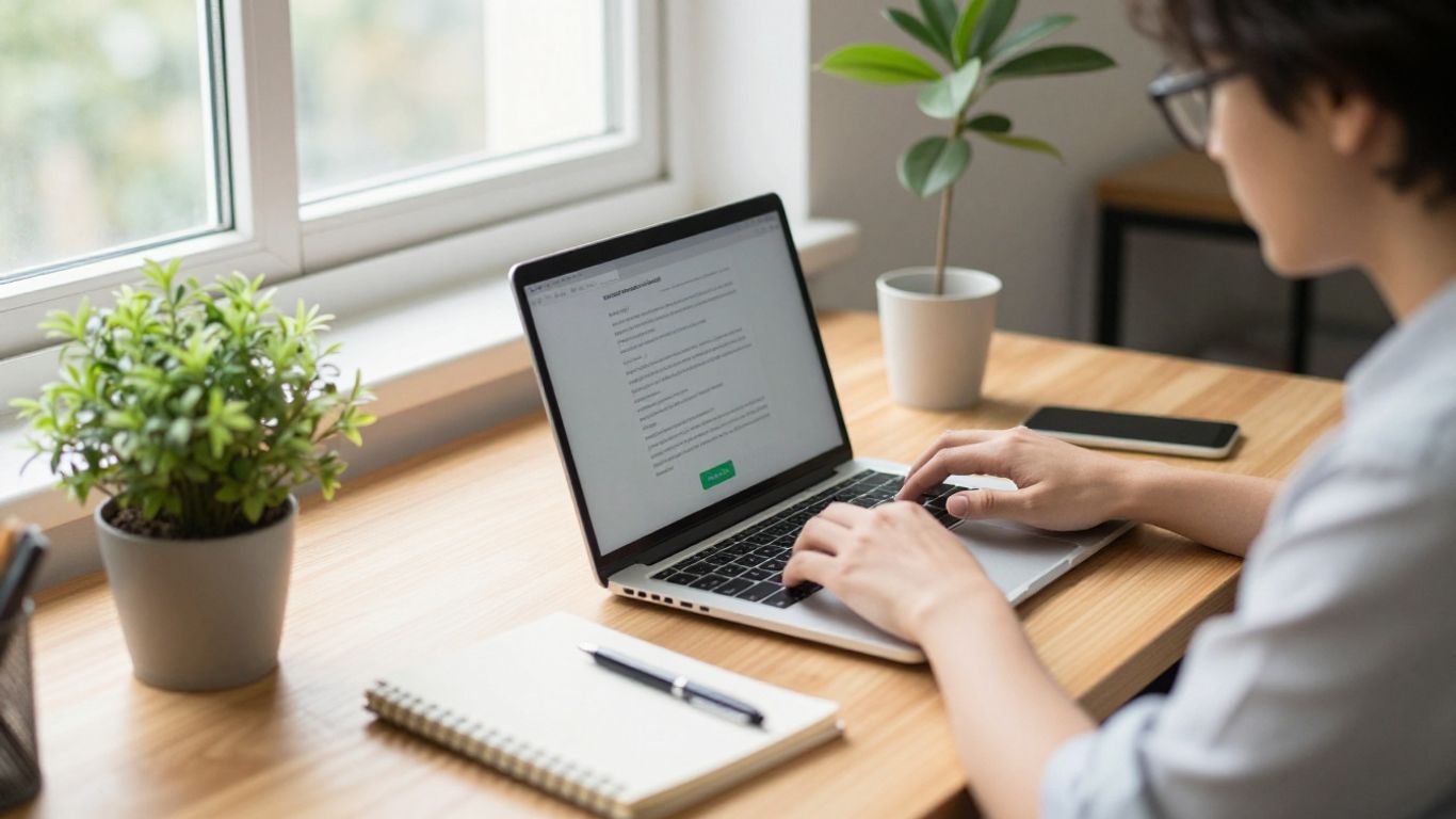 Person working on laptop in a bright, modern office.