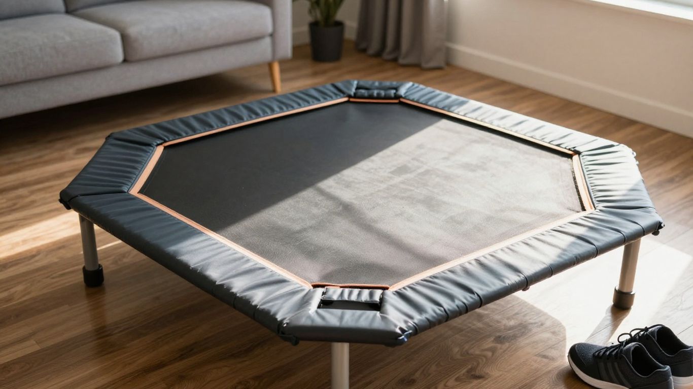 Mini trampoline in a home gym setting.