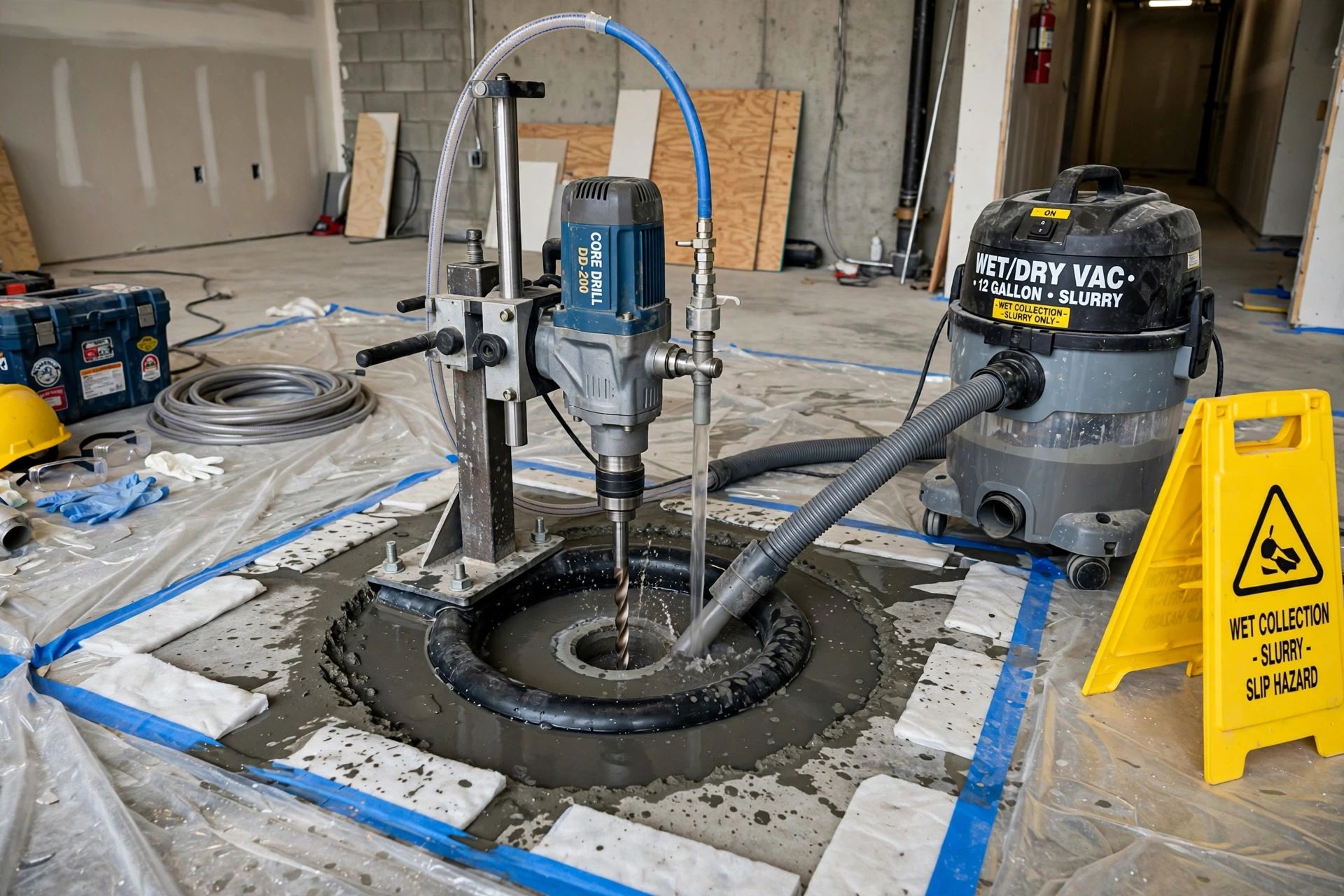 Wet diamond core drilling setup with a water collection ring sealed around the hole and a wet vacuum collecting water and slurry, with the surrounding floor protected