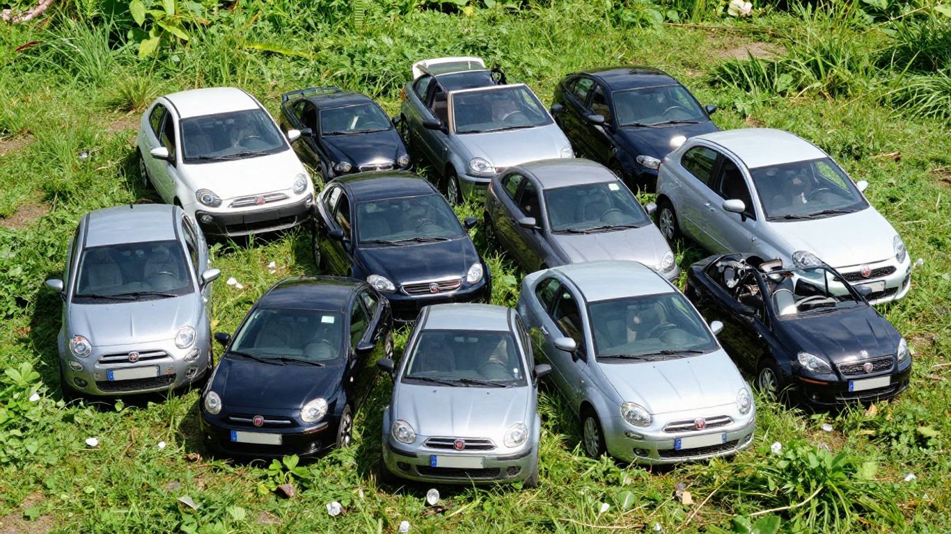 Fiat car parts neatly stacked in a sunny outdoor yard.