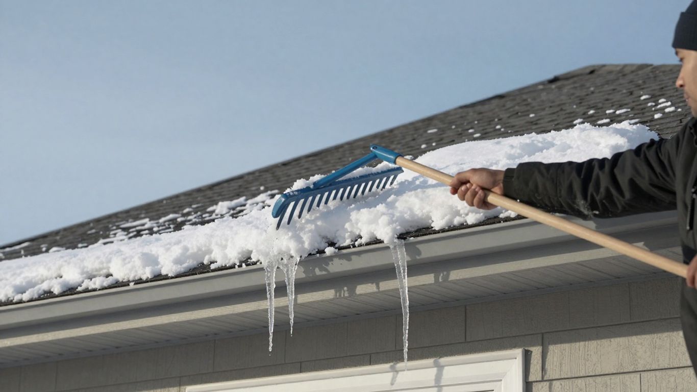 Person removing snow from a roof with a rake.