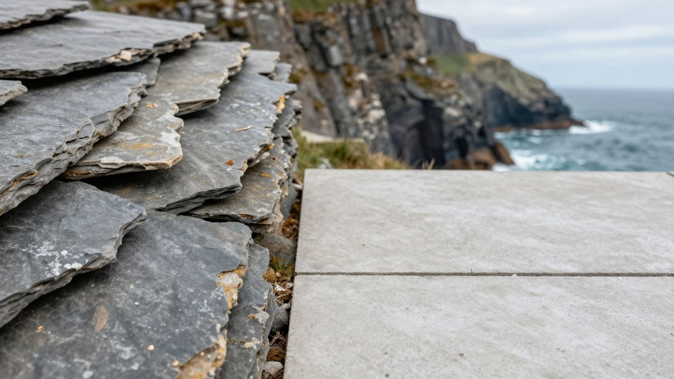 Natural slate tiles versus concrete tiles on a Cornish coast.