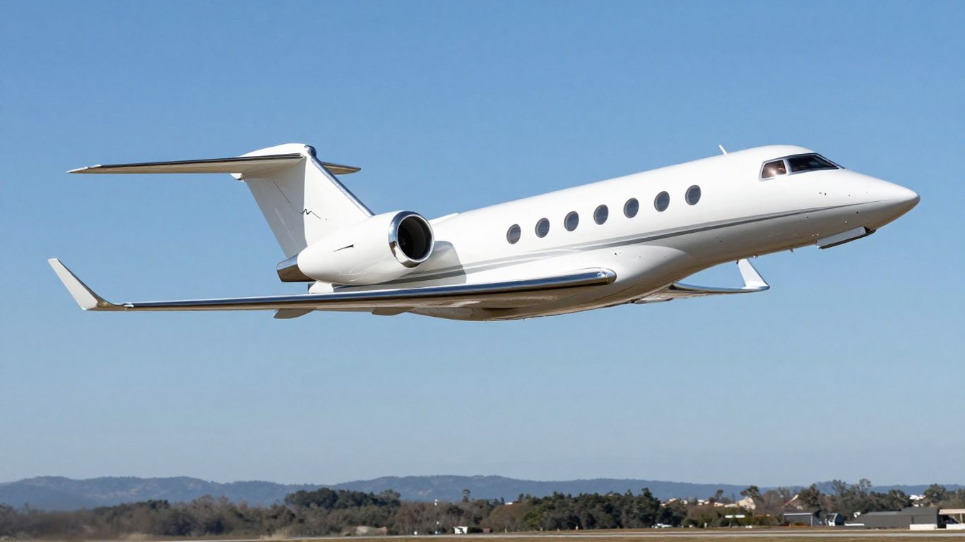 Private jet flying high above landscape.