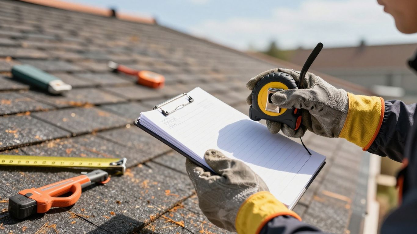 Roofer's hands with tools on a roof.