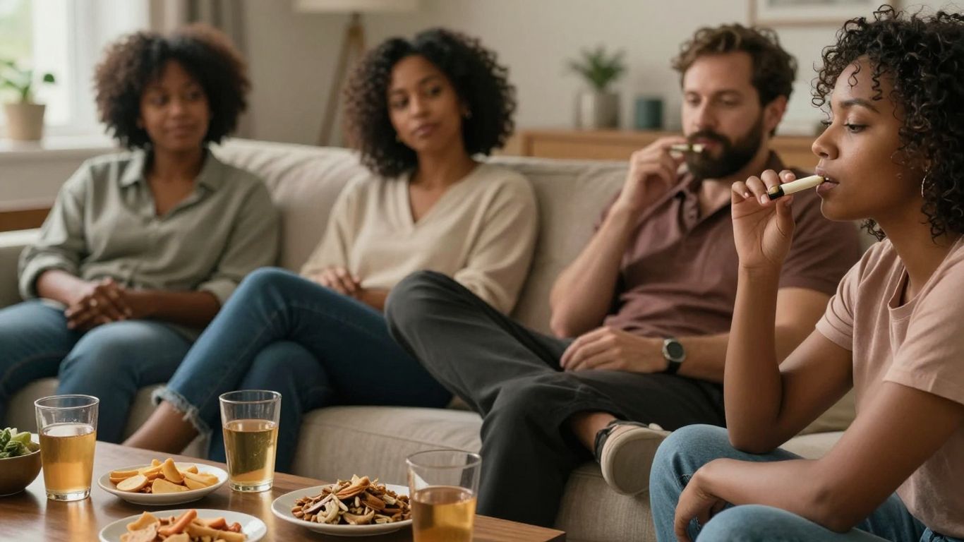 Diverse adults relaxing with cannabis in cozy living room.
