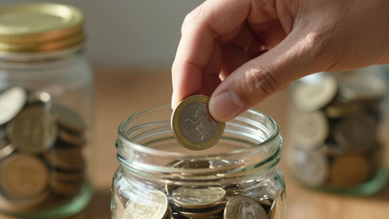 Hand placing coin into a donation jar.