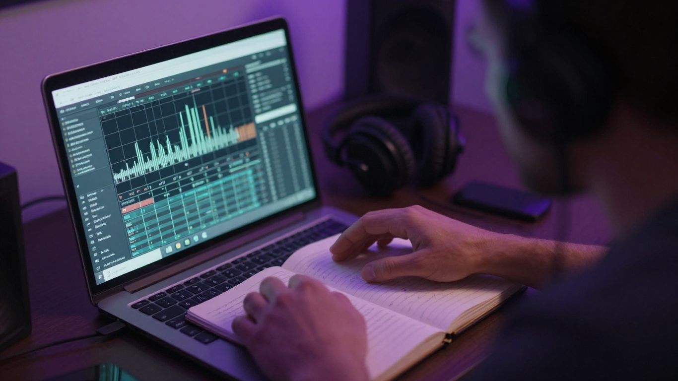 Close view of a songwriter refining an AI music prompt