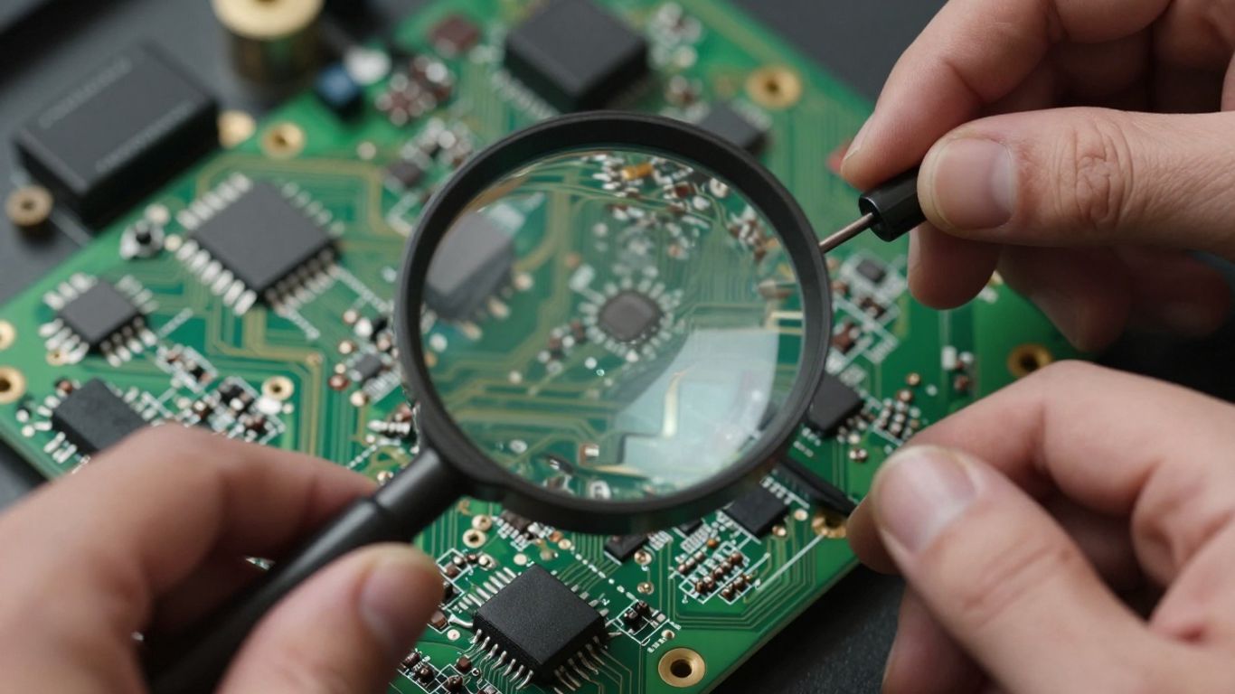 Hands with magnifying glass examining a circuit board.