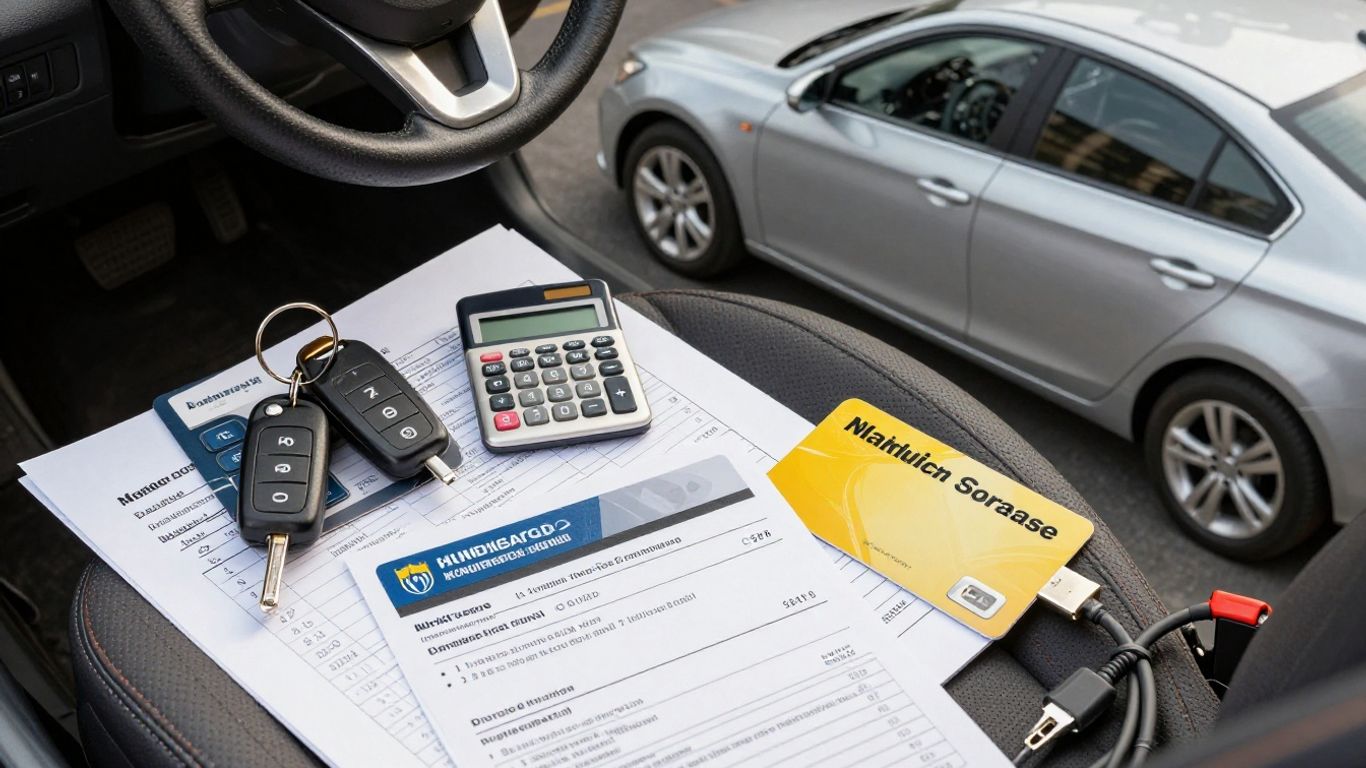 Mehrere Autos auf Parkplatz mit Taschenrechner und Budgetunterlagen