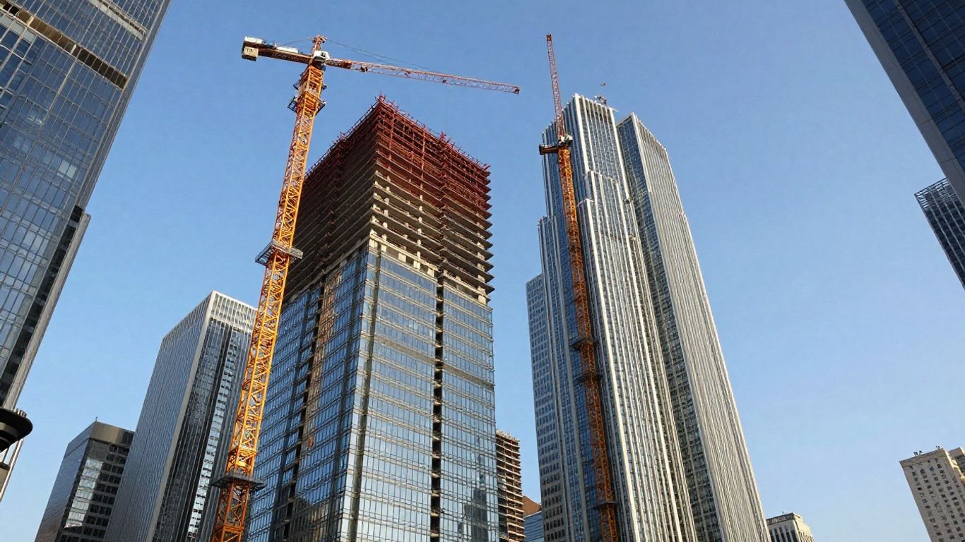 Modern skyscraper construction with cranes against a blue sky.