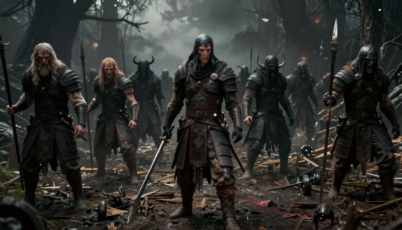 Um guerreiro enfrentando hordas de monstros sombrios em um cenário gótico e detalhado do jogo