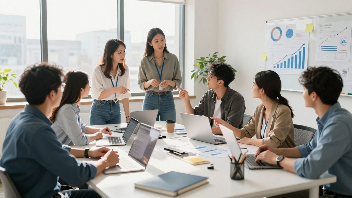 Team collaborating on growth strategies in a modern office.