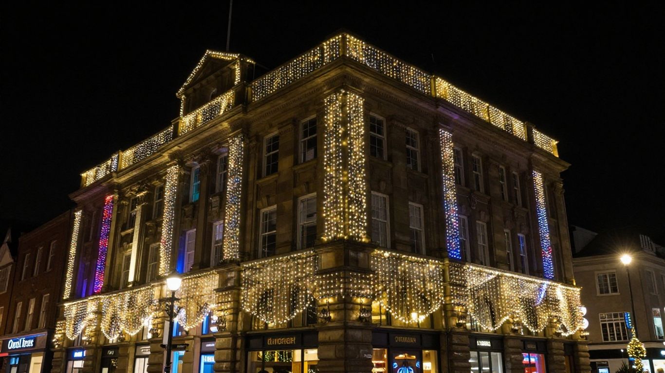 Commercial building with bright Christmas lights in Swansea.