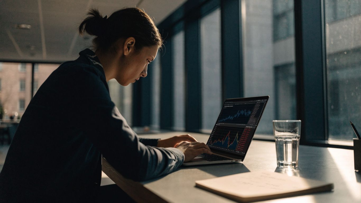 Trader studying a funded account dashboard in a quiet office