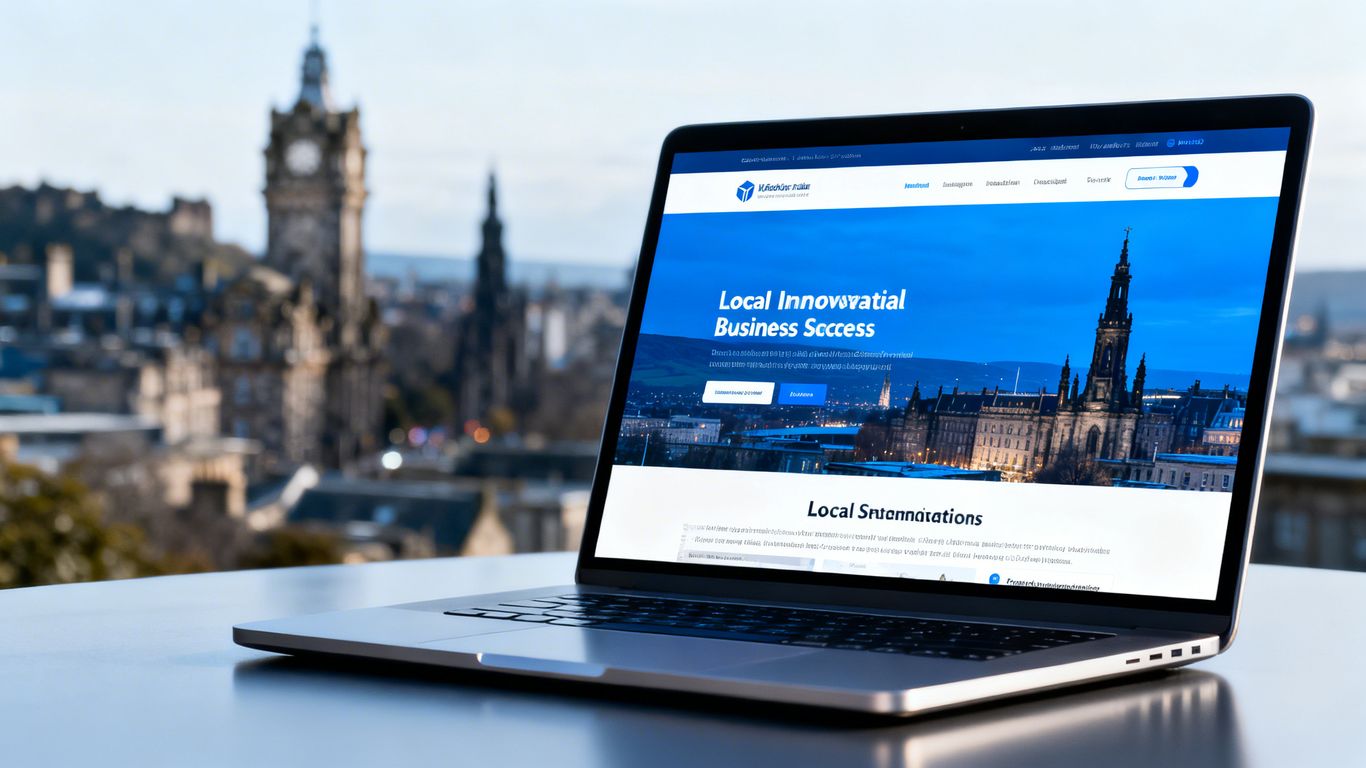Modern website design on laptop, Edinburgh skyline.