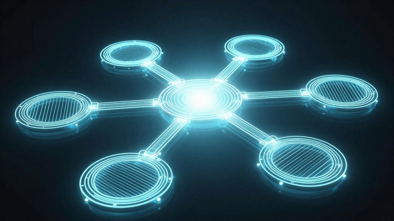 Digital network connecting abstract shapes with bright central light.