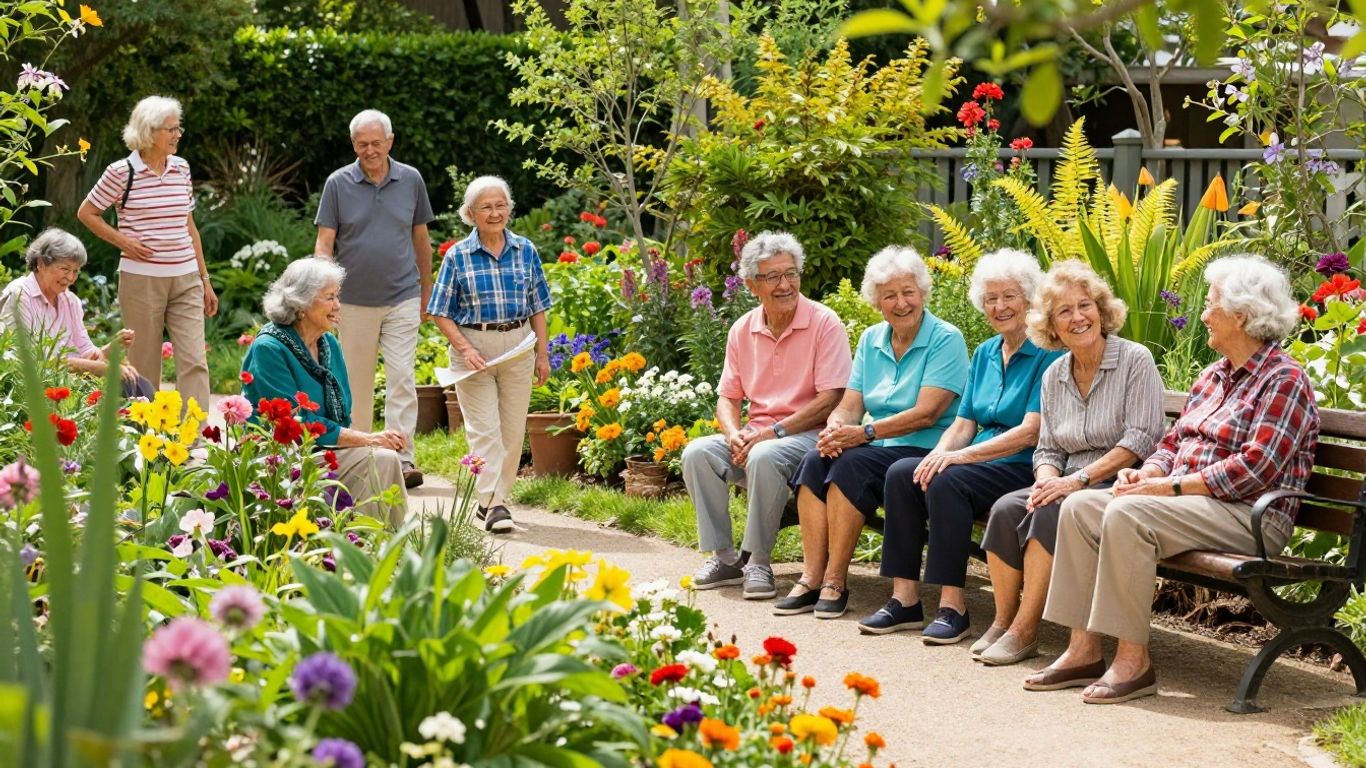 Pessoas idosas sorrindo em um jardim ensolarado.
