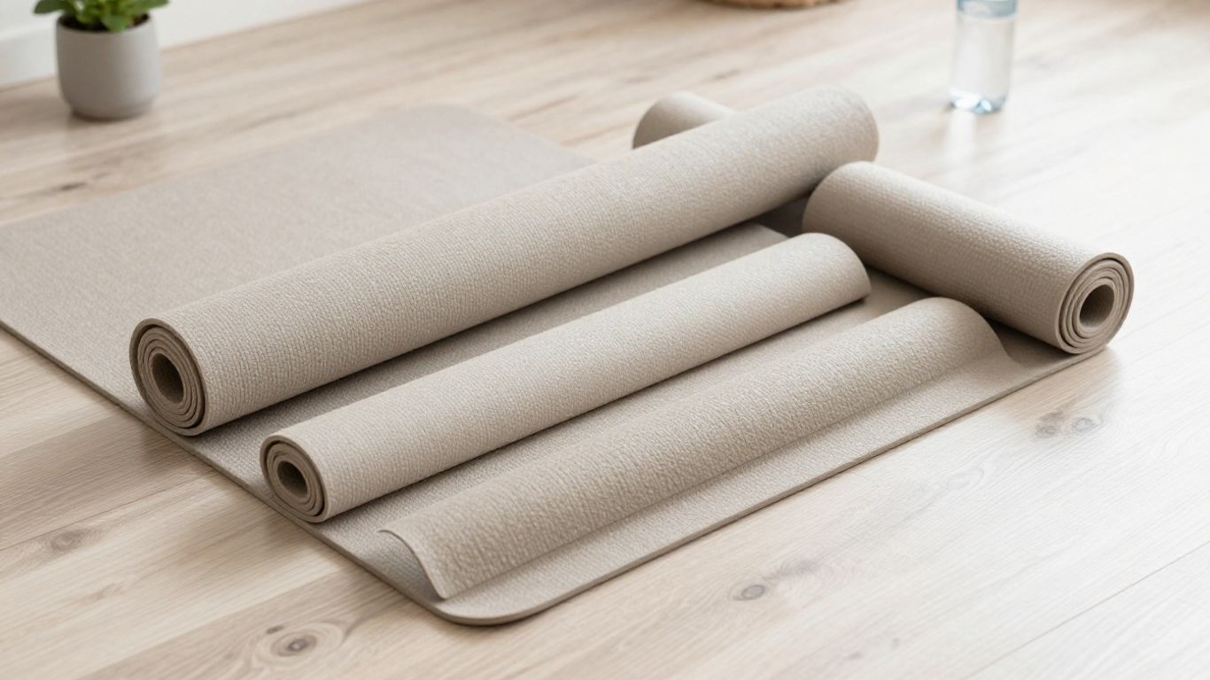 Close-up of layered yoga mats on wooden floor