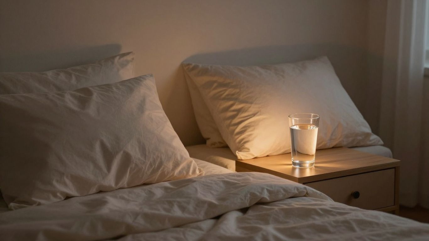Calm bedroom with liquid magnesium supplement.