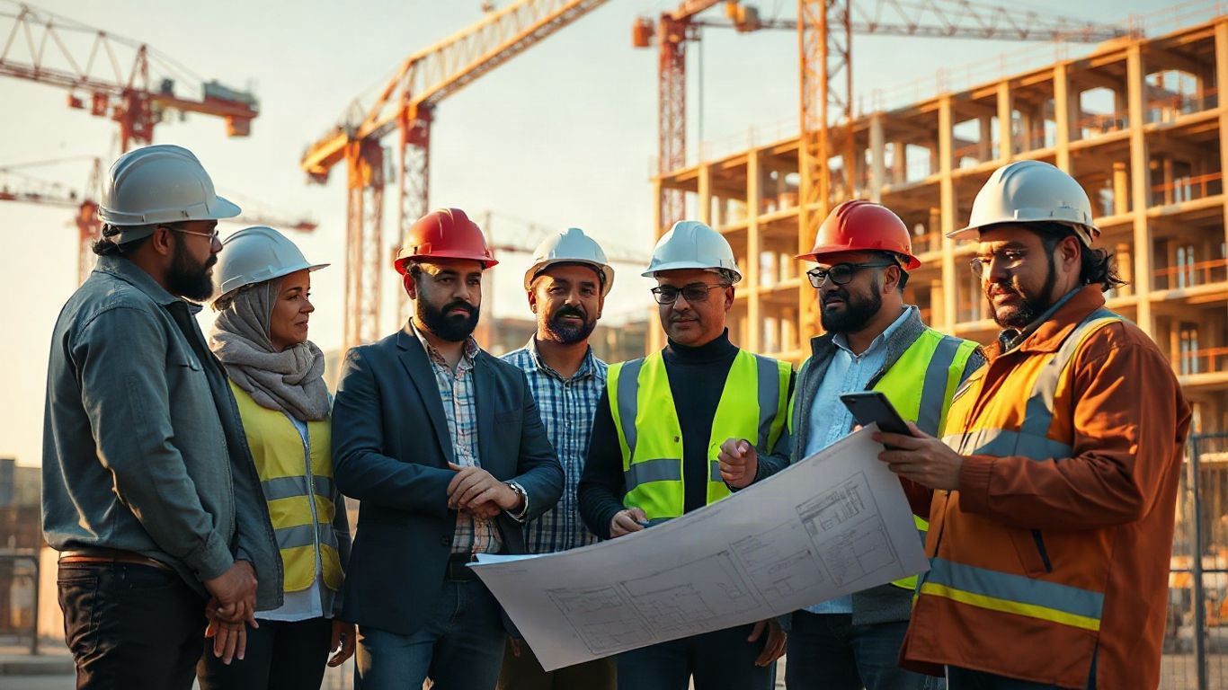 Project team reviewing construction plans onsite