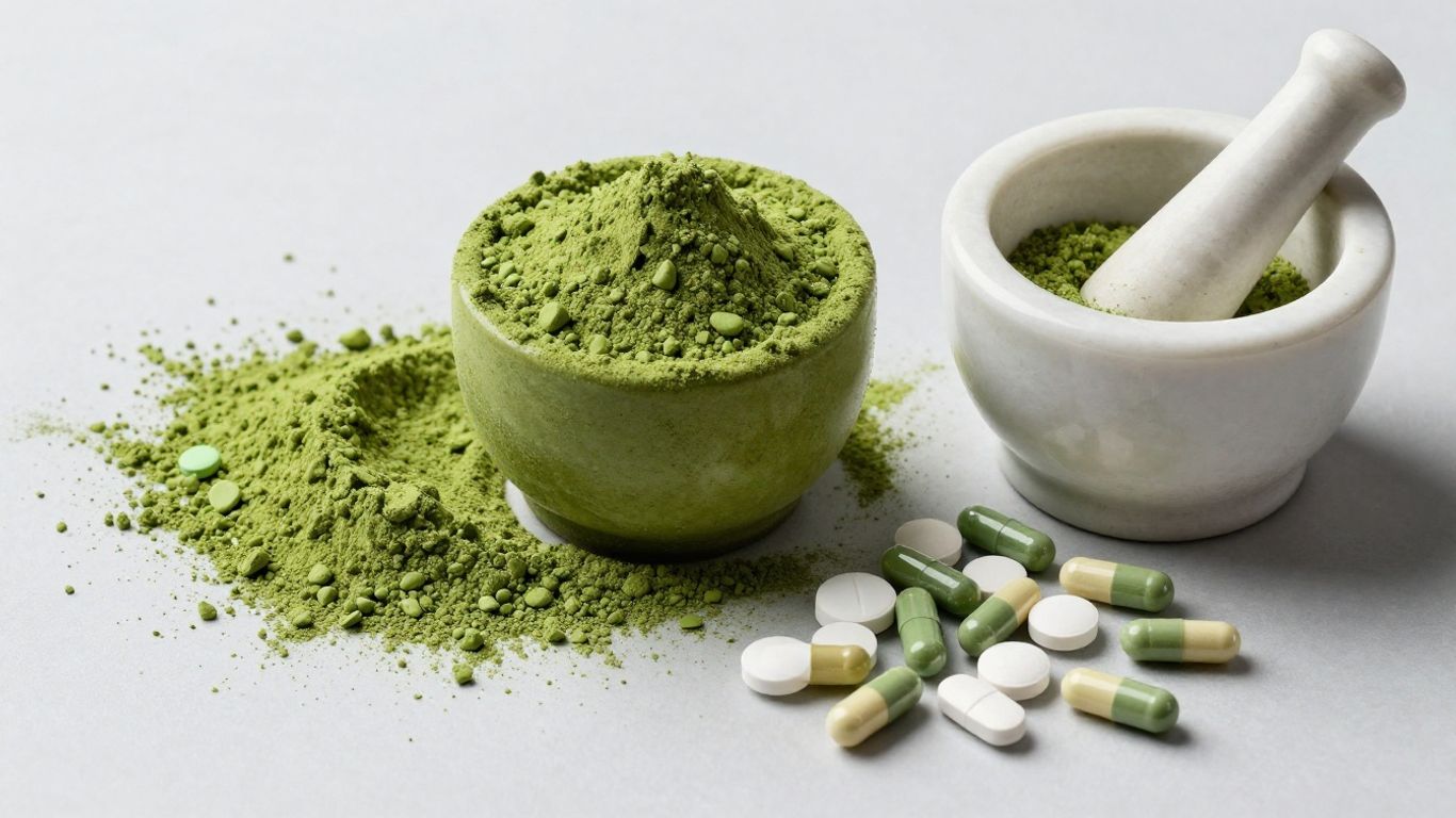 Matcha powder and various pills, suggesting medication interactions.