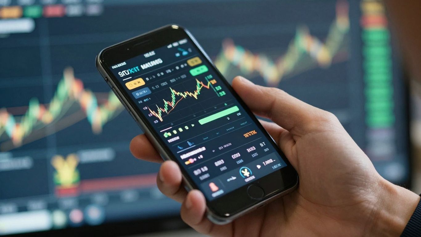 Forex trading on a smartphone with currency symbols.