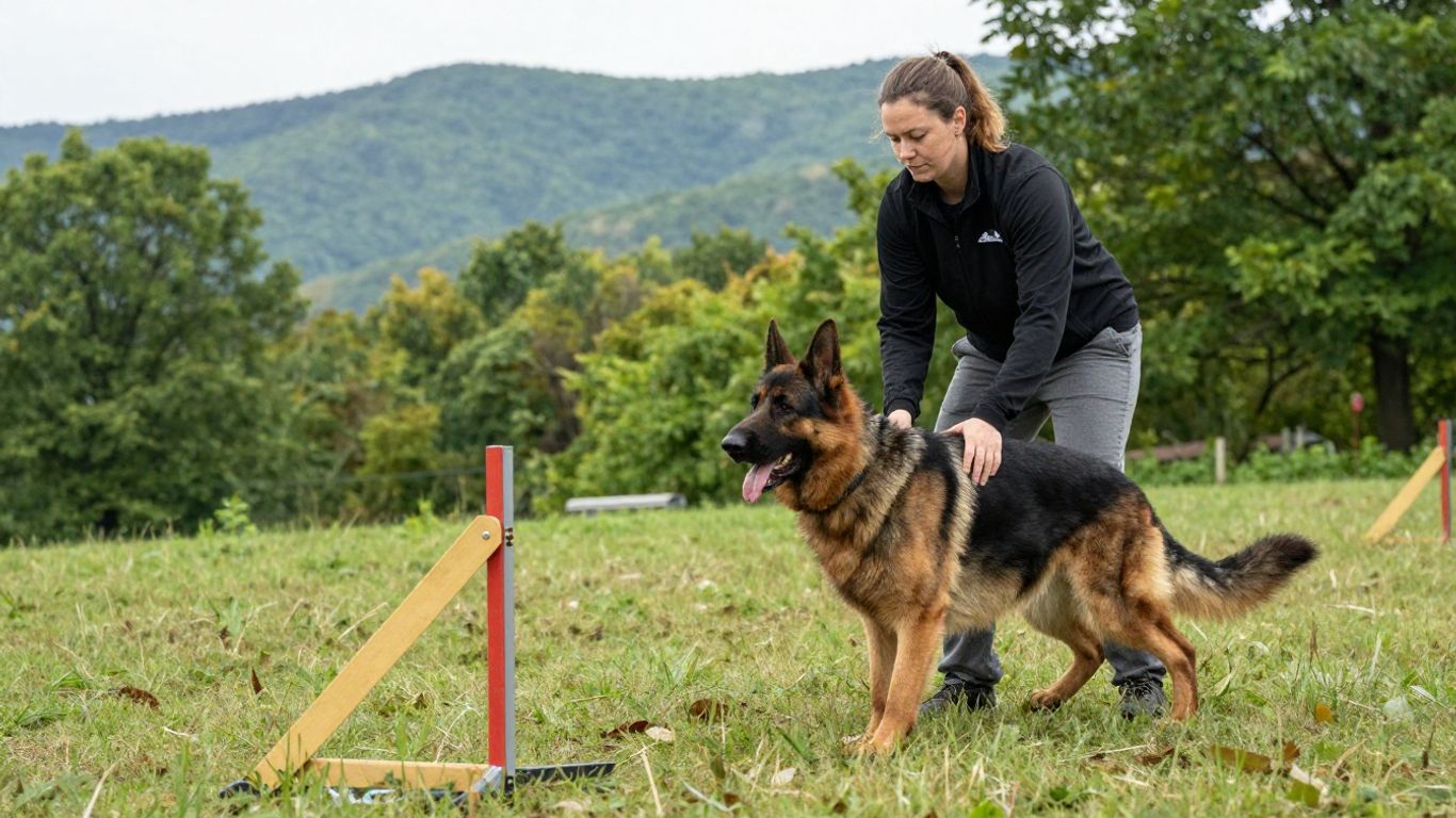 Dog training session in a natural Tennessee outdoor setting.
