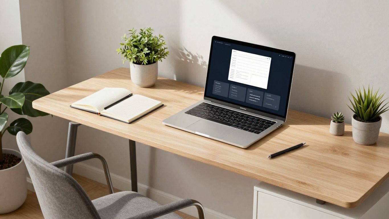 Modern paperless home office with laptop and plants.