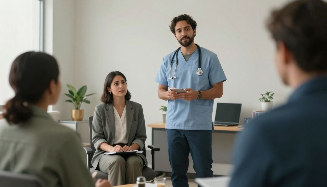 A therapist steps outside for a short walk between appointments, with a diverse, realistic representation of behavioral health providers and a calm professional setting.