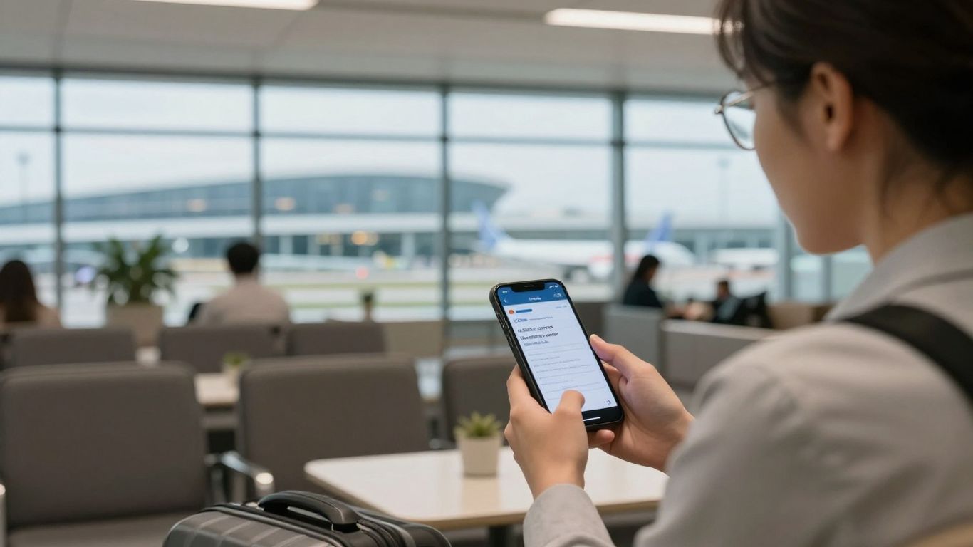 A passenger using a phone in a lounge